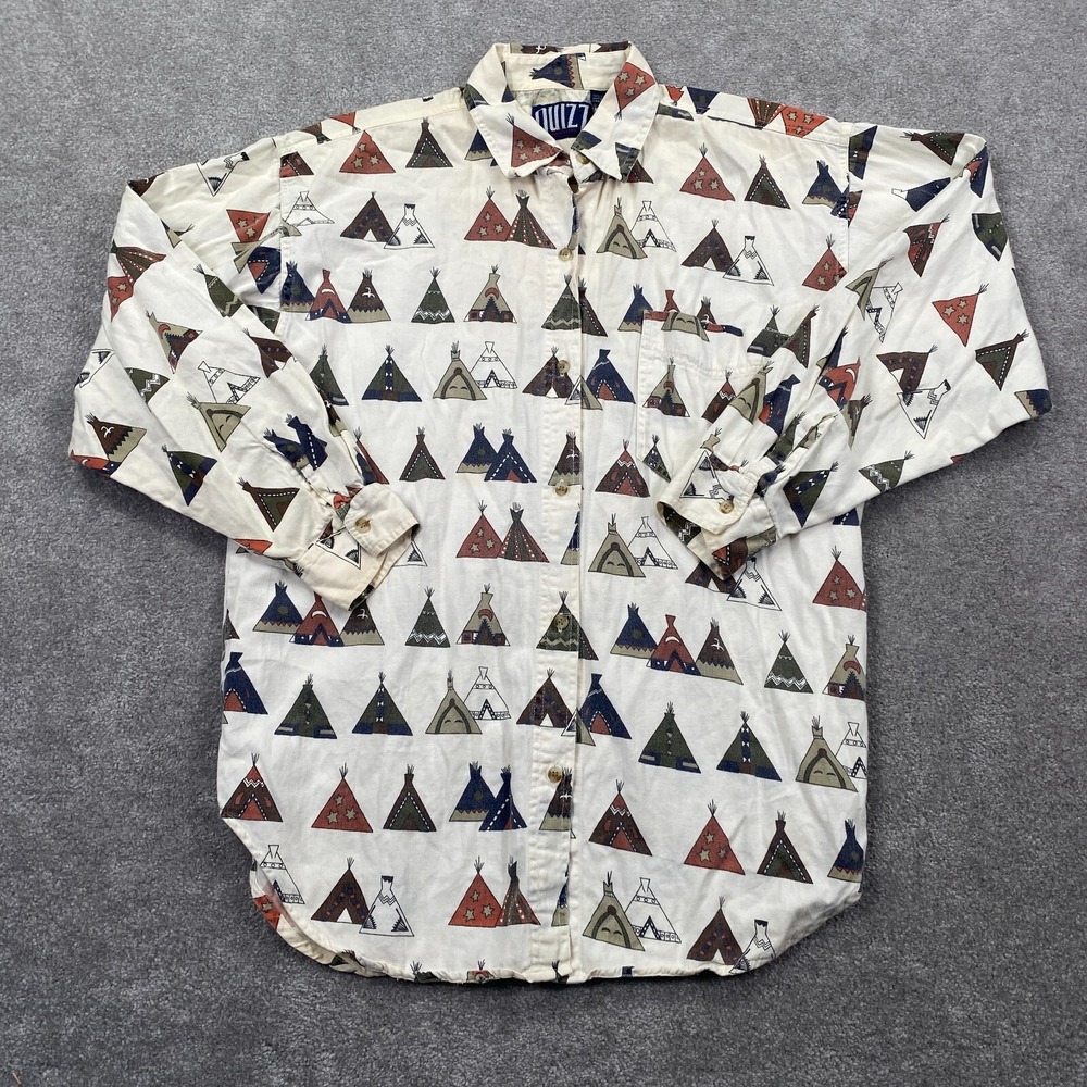Quizz Colorful Monster Doodle Art Button Up Shirt Unisex Size L Ivory Multicolor